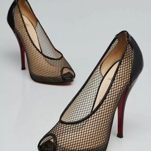 Christian Louboutin Felito120 Patent Calf/Fishnet Black Open Toe Heels